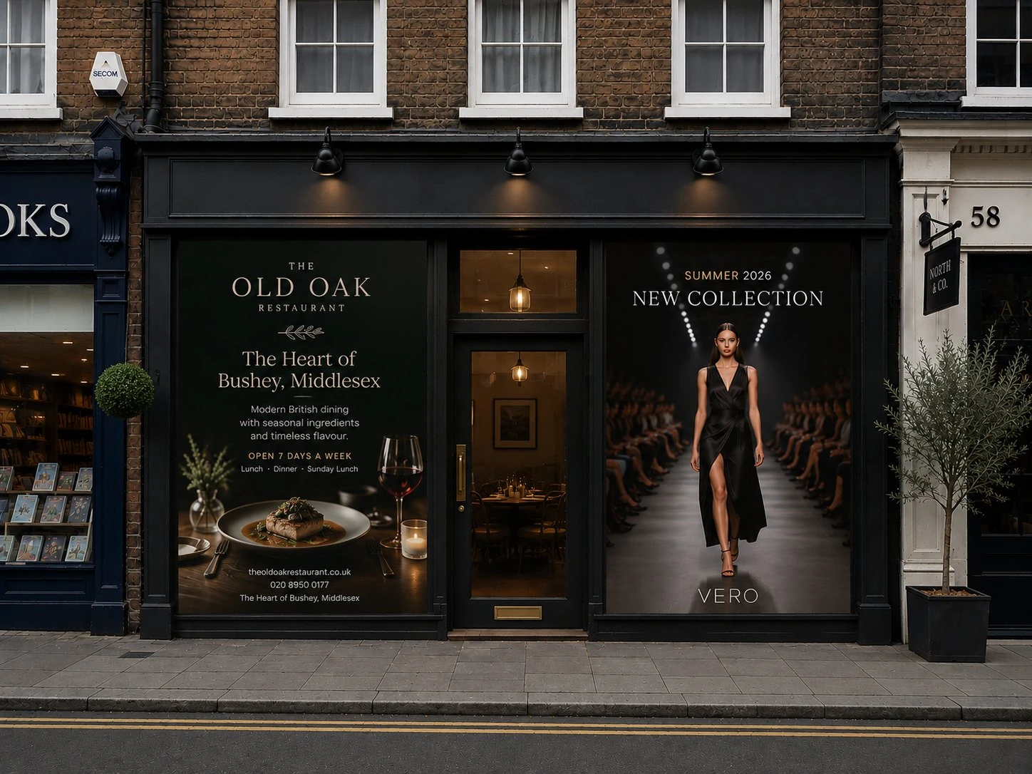 Premium UK shopfront with Urbanova LED window advertising — Old Oak Restaurant and Vero New Collection campaigns