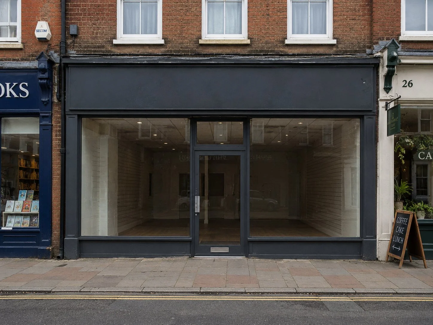 Real vacant UK high street retail unit — empty windows, ready for Urbanova LED transformation